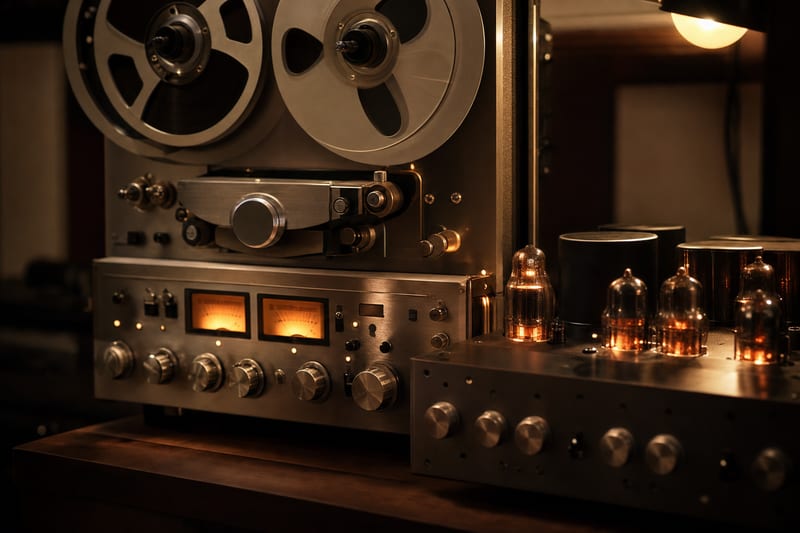 A close-up of a vintage tape machine and glowing tube gear in a dim studio.