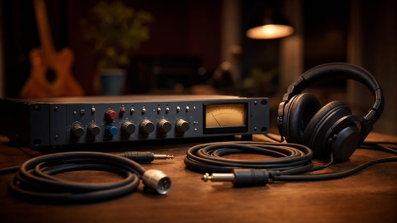 A studio compressor unit with rows of knobs beside coiled cables and headphones on a warmly lit desk.