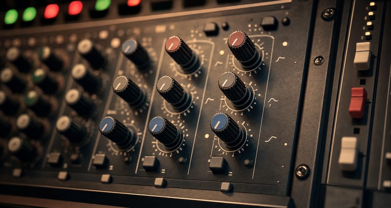 A close-up of a studio mixing console with knobs and meters softly lit, no readable labels or screen text.