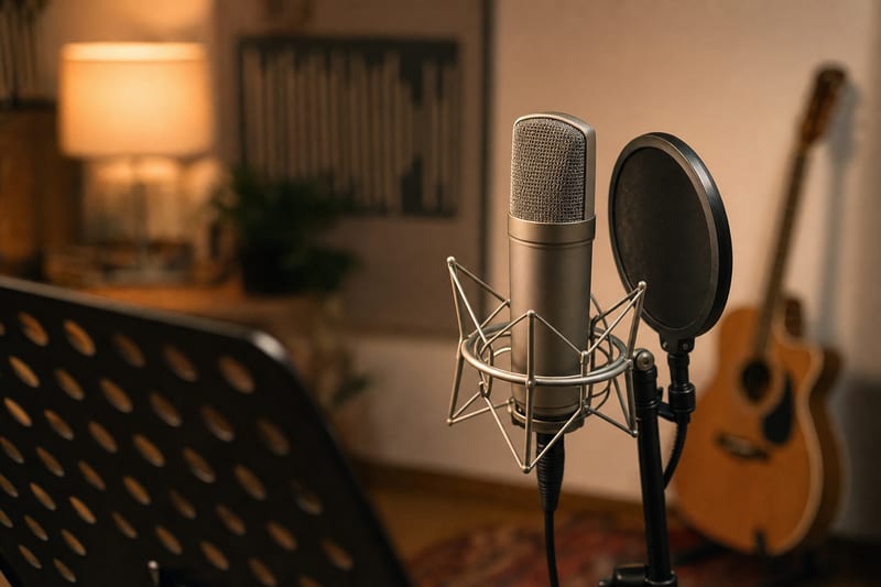 A condenser microphone on a stand in a softly lit room with a music stand and a resting acoustic guitar in the background.