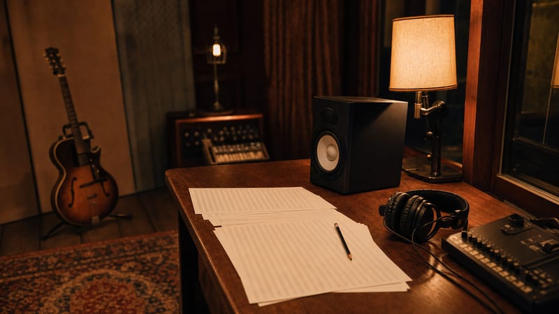 Warm studio desk with labeled blank track sheets, headphones, a small speaker, and a guitar resting on a stand in the background.