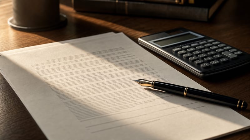 A contract document, a calculator, and a fountain pen arranged on a dark wooden desk in warm directional light, suggesting careful review of a record deal