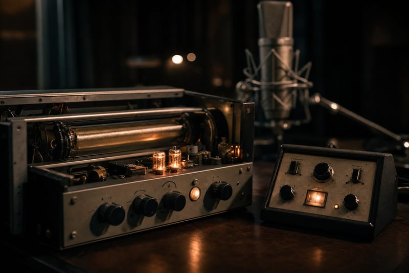 A vintage spring reverb tank and a small outboard reverb unit on a dark studio desk, with a microphone blurred in the background.