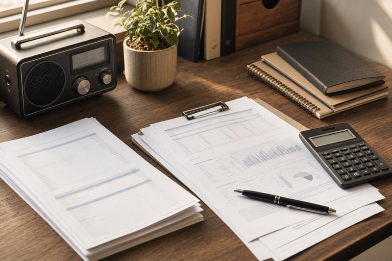 An organized desk with royalty statement paperwork, a calculator, a pen, and a small radio receiver in warm natural light