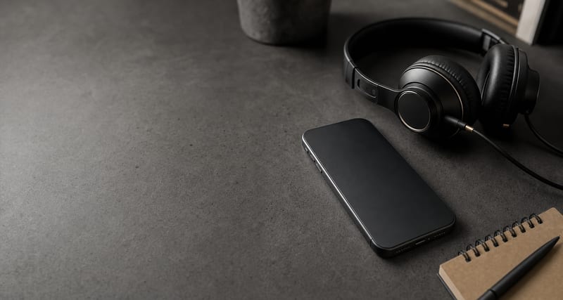 A dark modern desk with a smartphone lying screen off, a pair of over-ear headphones, and a small notebook with a pen beside it