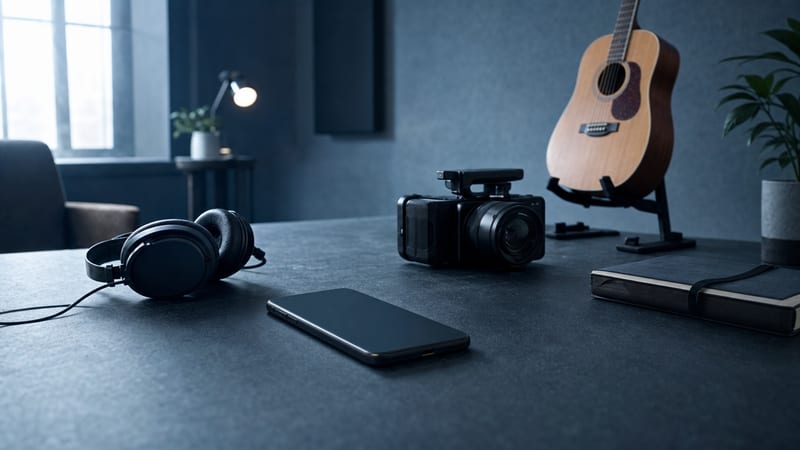 Cool blue gray studio table with headphones, a camera, a blank phone, and a guitar resting on a stand.