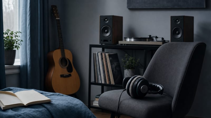 Cool blue listening corner with headphones, a notebook, small speakers, and a guitar resting against a studio wall.