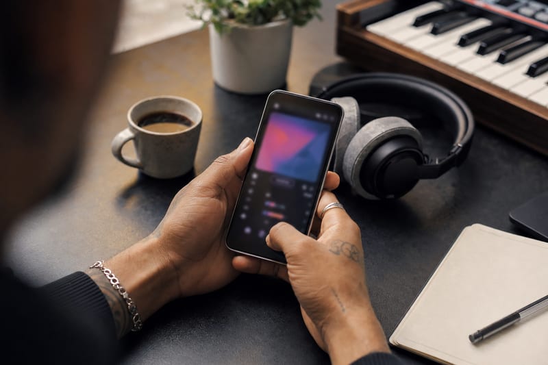 Hands holding a smartphone showing an abstract music app screen, beside headphones, coffee, and a notebook on a desk.
