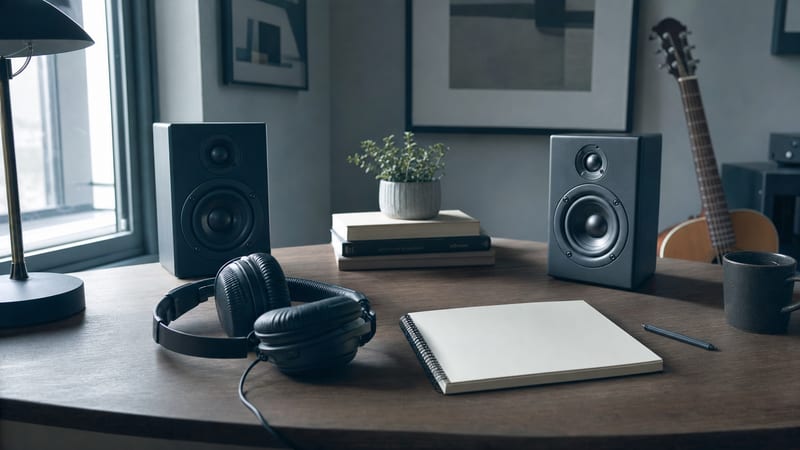 Cool blue-grey listening workspace with speakers, headphones, blank notebook, plant, and a guitar resting in the background with no readable text or logos.