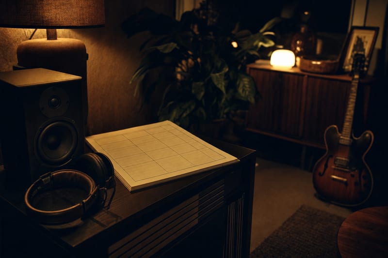 Dark amber listening room with a blank release plan, headphones, a small speaker, and a guitar resting against a wood cabinet.
