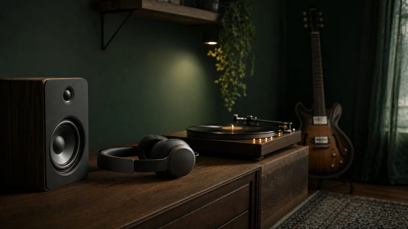 Dark forest-green listening room with unbranded headphones, speaker, turntable, and a guitar resting safely against a wall, with no readable text or logos.