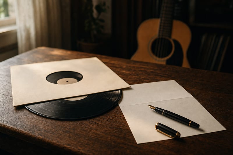 A vinyl record and its plain sleeve resting on a wooden table beside a fountain pen and a folded blank document, with an acoustic guitar in soft focus in the background.
